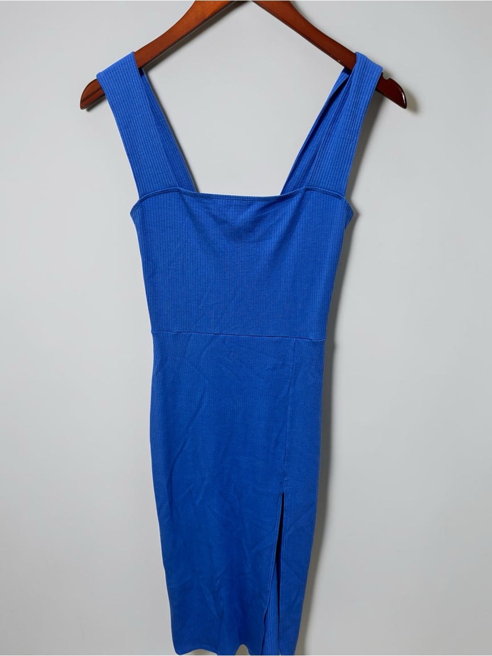 Reformation Cassi Sheath Blue Ribbed Midi Dress with Side Slit - Picture 3 of 7
